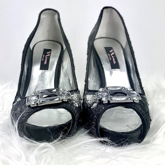 NINA Black/Silver Sequins Pumps w/Gems, Sz 8.5 - Picture 4 of 7